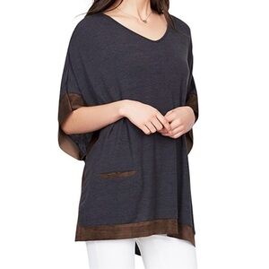 ECRU Lagenlook Pocho Style Suede Trim V Neck Top Size Large VGUC